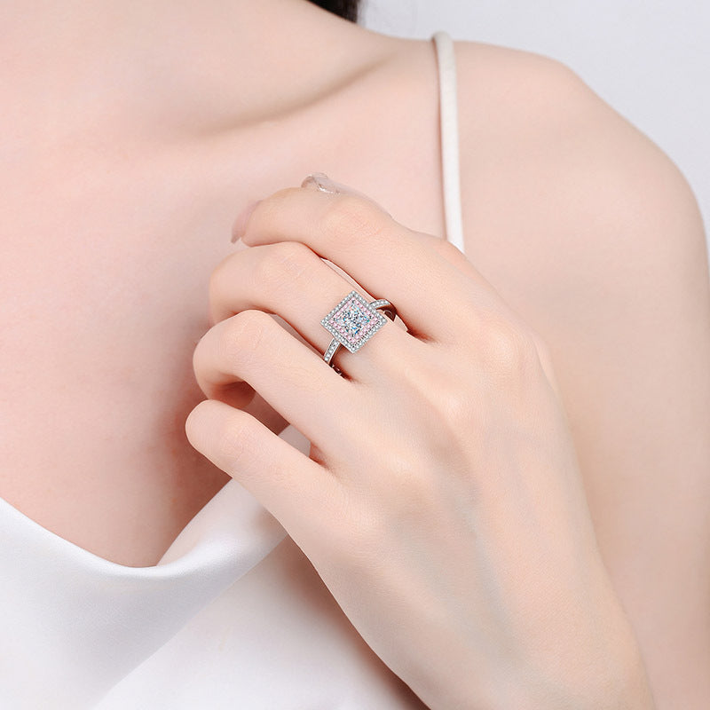 Princess Cut Pave Pink Double Halo 1 Carat Moissanite Diamond S925 Engagement Ring