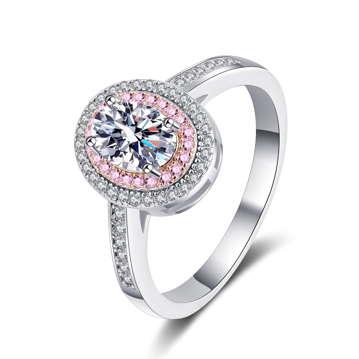 Verlobungsring mit 1 Karat Moissanit-Diamant und S925-Diamant im Ovalschliff in Pavé-Fassung in Rosa