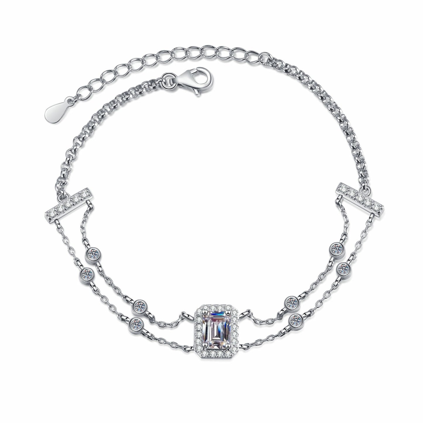 Blue/White Emerald Cut Halo 1 Carat Moissanite Diamond S925 Bracelet