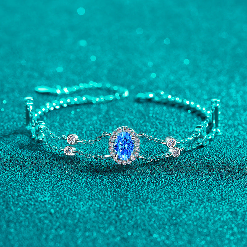 Blue/White Oval Cut Halo 1 Carat Moissanite Platinum Plated S925 Bracelet