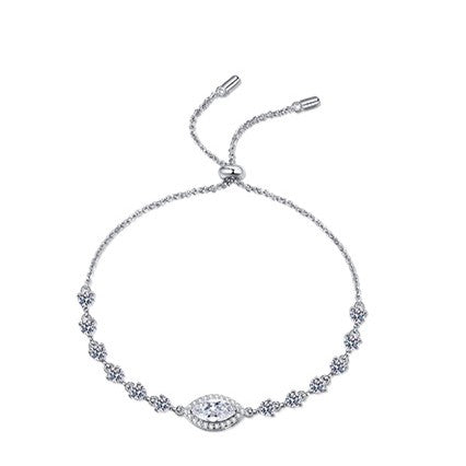 Pulsera S925 chapada en platino de moissanita de 1 quilate con halo de talla marquesa azul/blanco