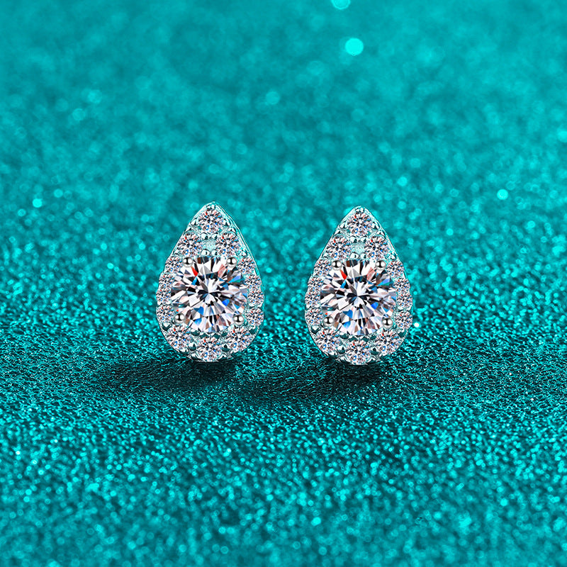 Waterdrop Round Cut Halo 0.5 Carat Moissanite Diamond Platinum-Plated S925 Stud Earrings
