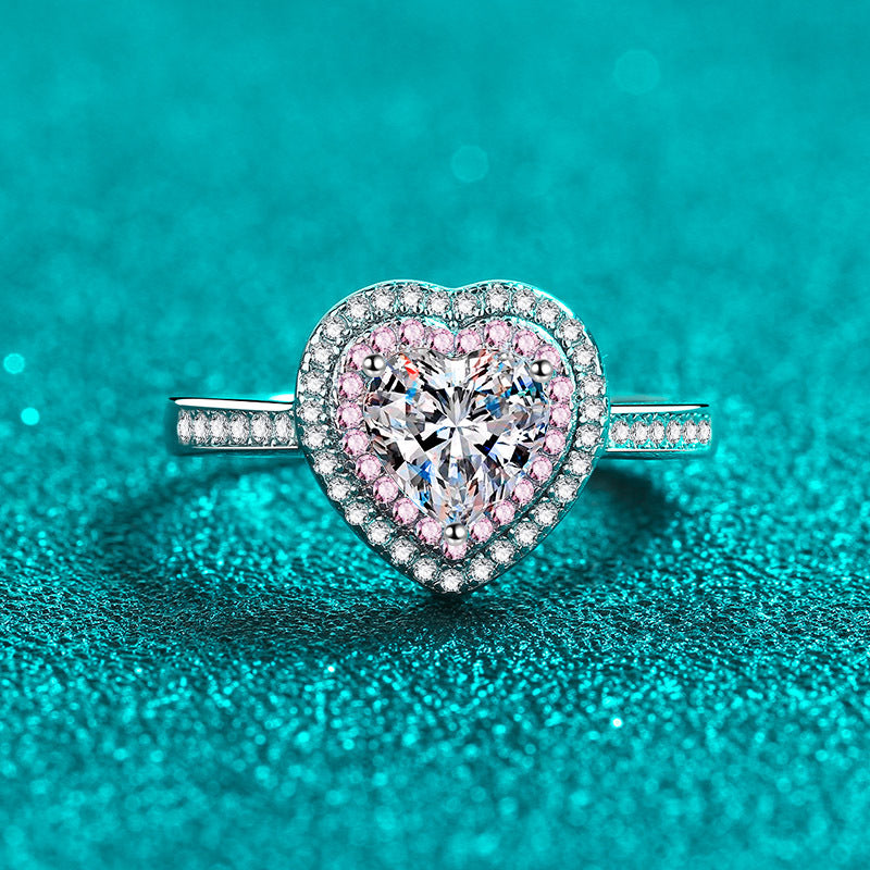 Herzförmiger Verlobungsring mit doppeltem Halo und 1 Karat Moissanit-Diamant aus S925 in Pavé-Fassung in Rosa