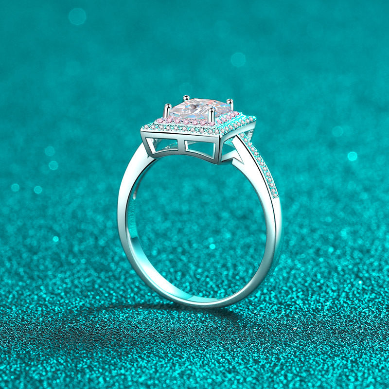 Princess Cut Pave Pink Double Halo 1 Carat Moissanite Diamond S925 Engagement Ring