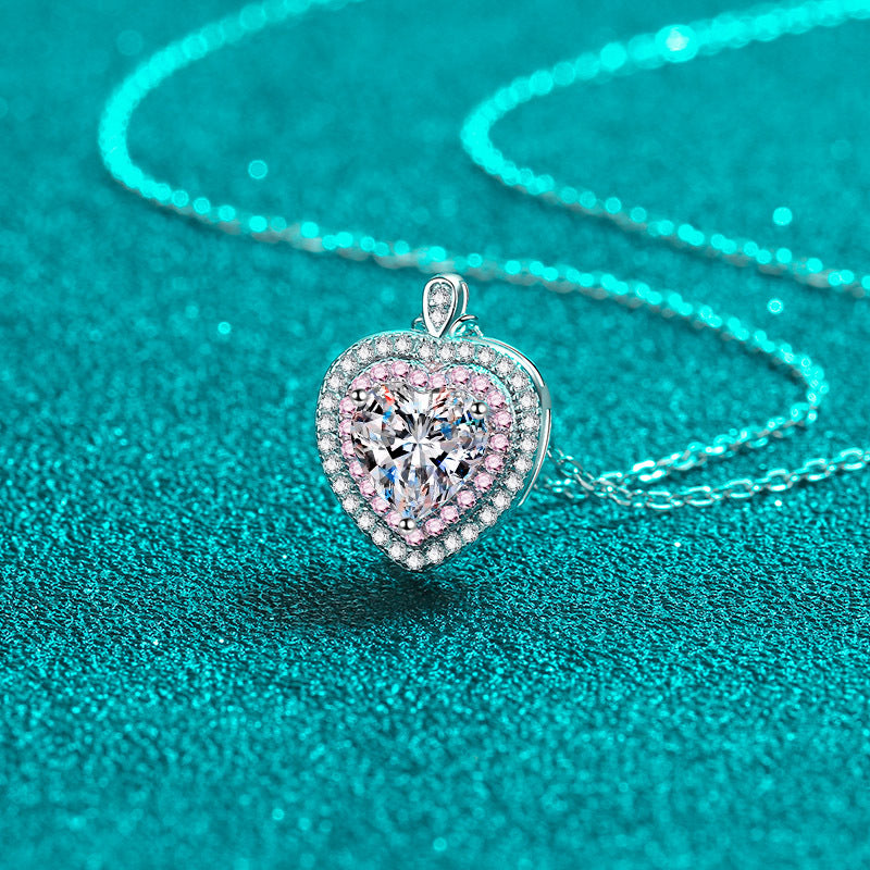 Heart-Shaped Pink Double Halo 1 Carat Moissanite Pendant S925 Necklace