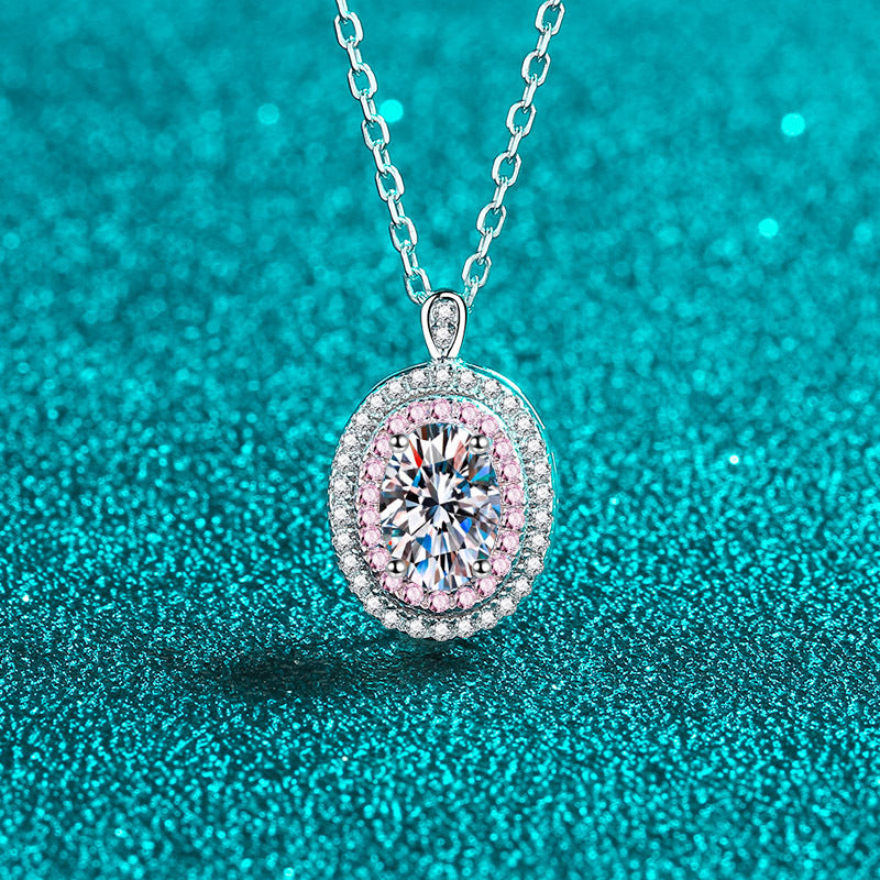 S925-Halskette mit ovalem rosafarbenem Doppel-Halo-Moissanit-Anhänger und 1 Karat Moissanit