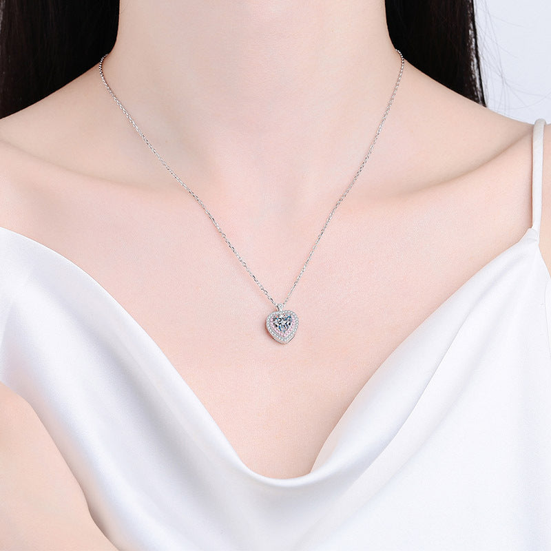 Heart-Shaped Pink Double Halo 1 Carat Moissanite Pendant S925 Necklace