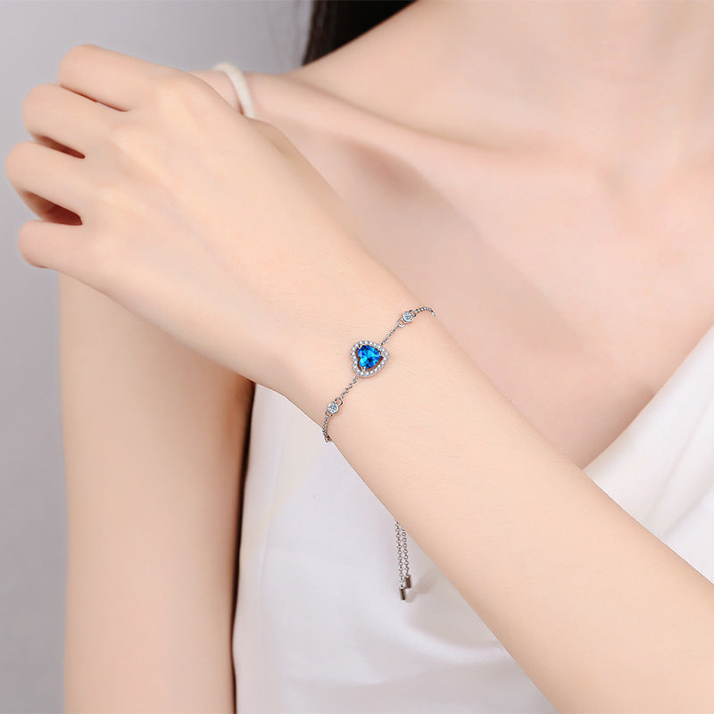 Blue/White Heart-Shaped Halo 1 Carat Moissanite Platinum Plated S925 Bracelet