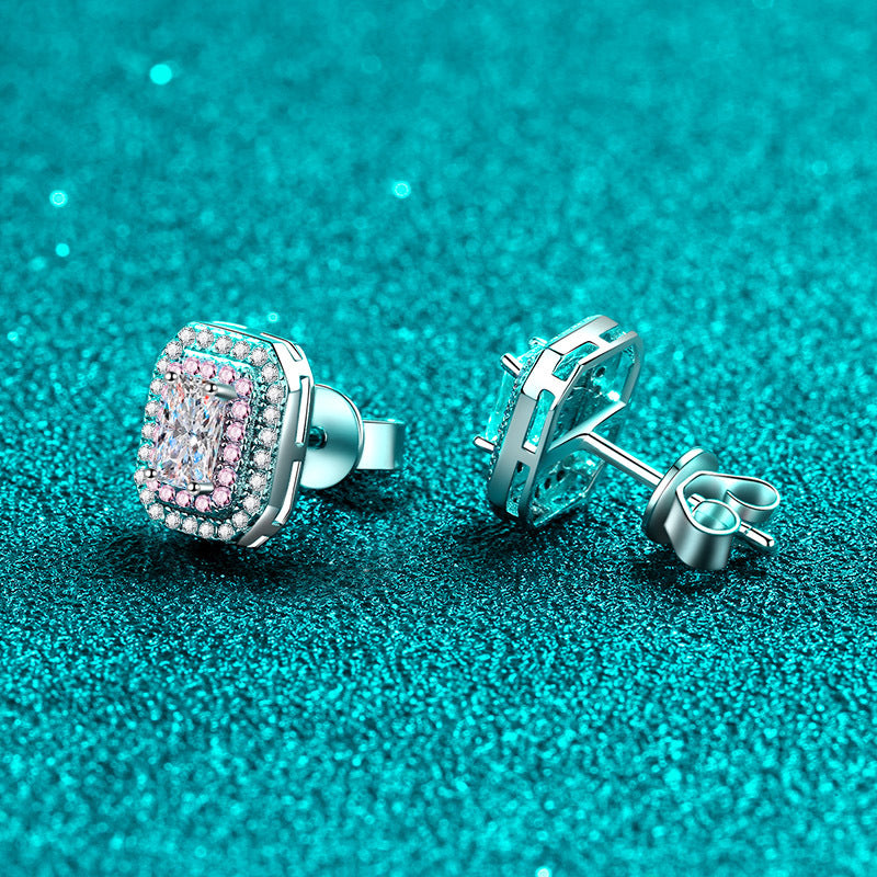 Emerald/Radiant Cut Pink Double Halo 0.5 Carat Moissanite Diamond S925 Stud Earrings