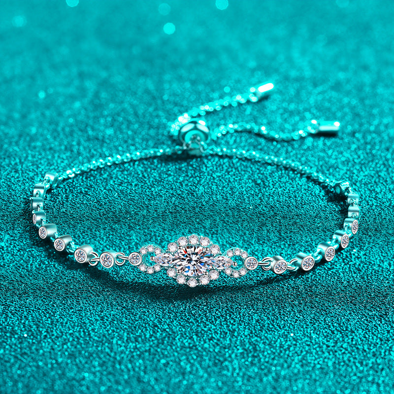 Blue/White Oval Cut Halo 0.5 Carat Moissanite Platinum Plated S925 Bracelet