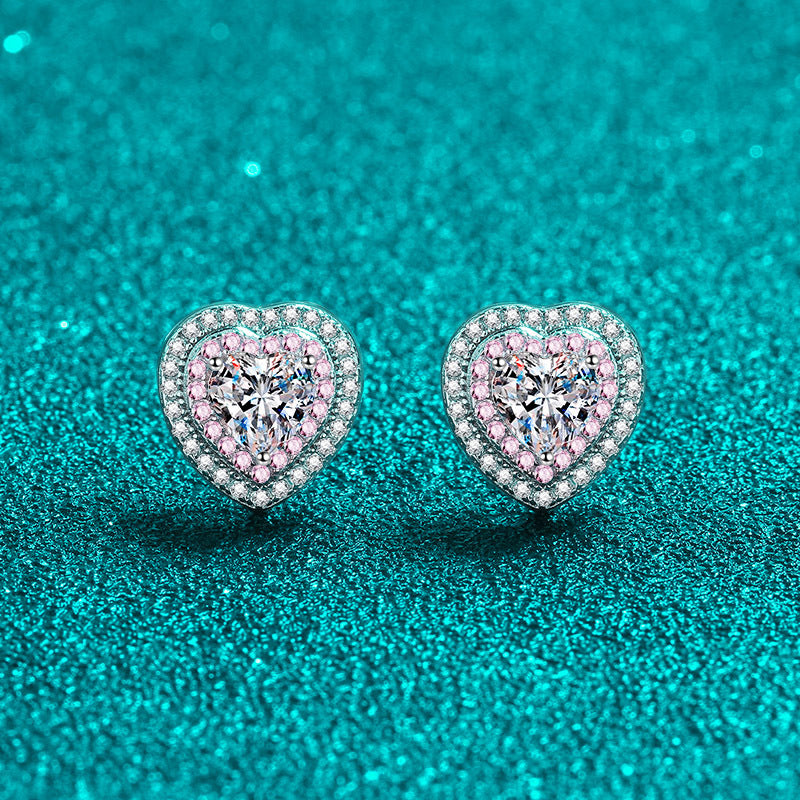 Pendientes de tuerca S925 con diamantes de moissanita de 0,5 quilates con doble halo rosa en forma de corazón