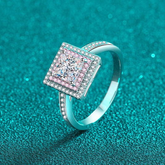 Princess Cut Pave Pink Double Halo 1 Carat Moissanite Diamond S925 Engagement Ring