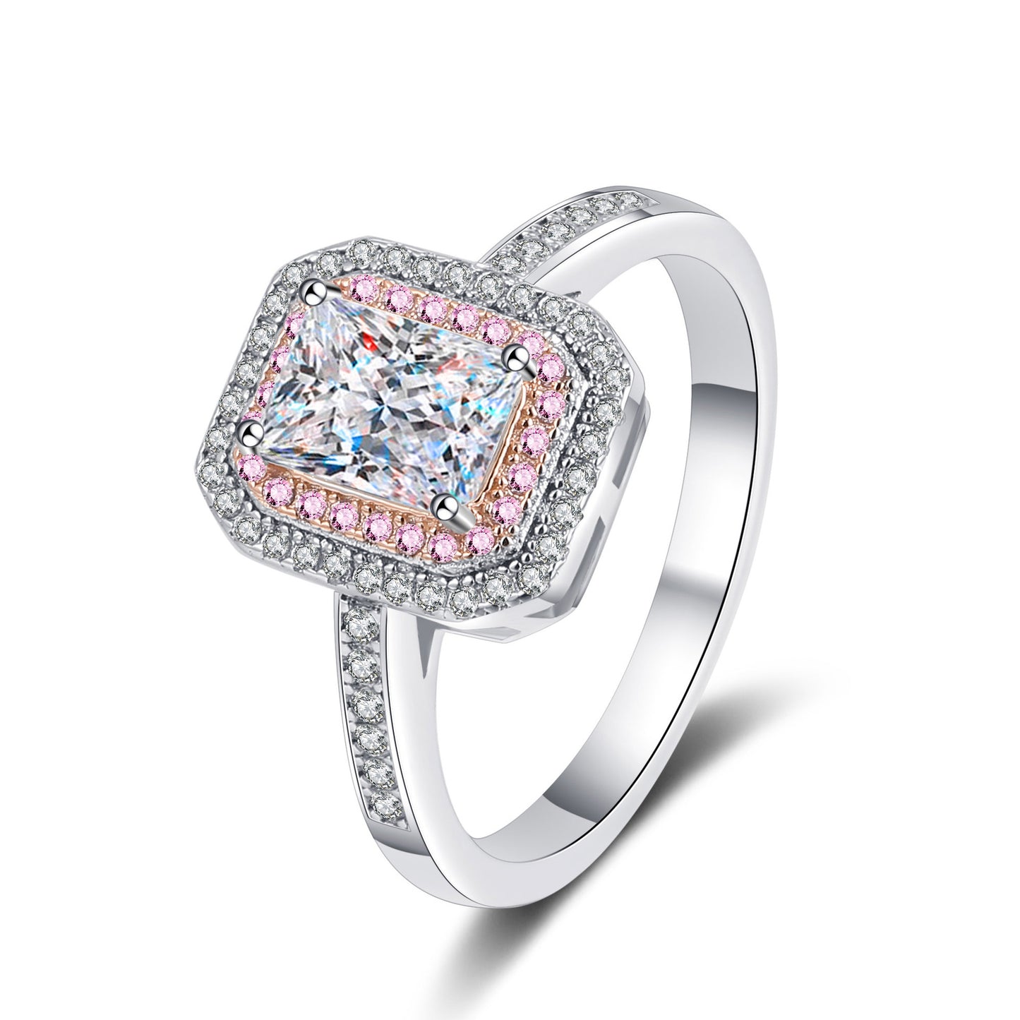 S925-Verlobungsring mit doppeltem Halo und 1 Karat Moissanit-Diamant im Smaragd-/Strahlenschliff in Pavé-Rosa