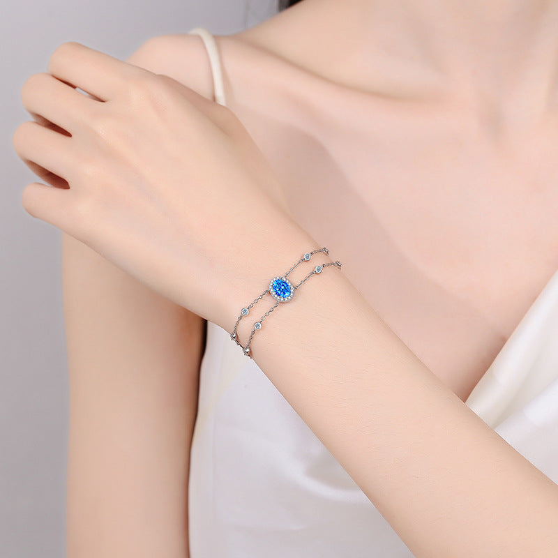 Blue/White Oval Cut Halo 1 Carat Moissanite Platinum Plated S925 Bracelet