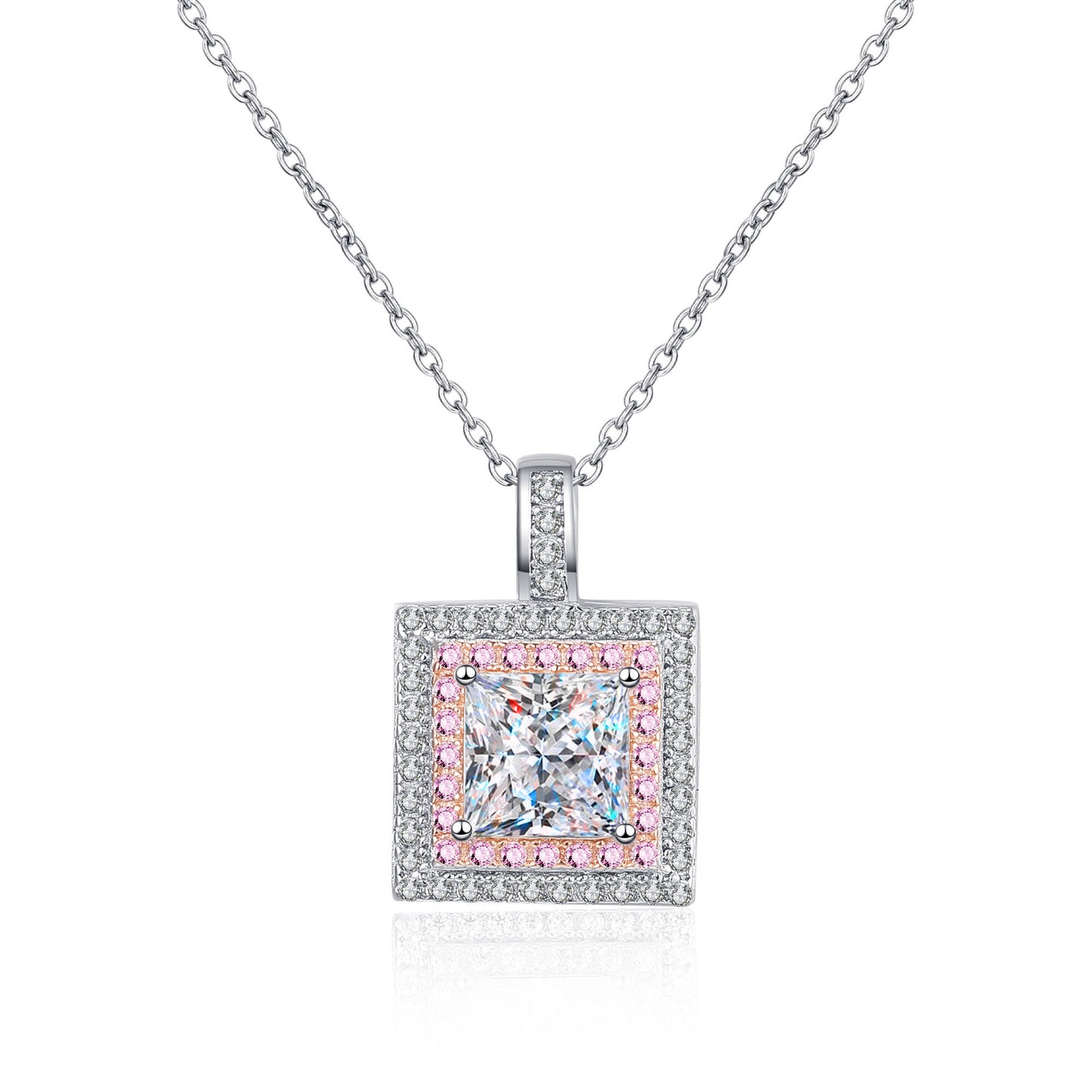 S925-Halskette mit rosa Doppel-Halo-Moissanit-Anhänger im Princess-Schliff, 1 Karat