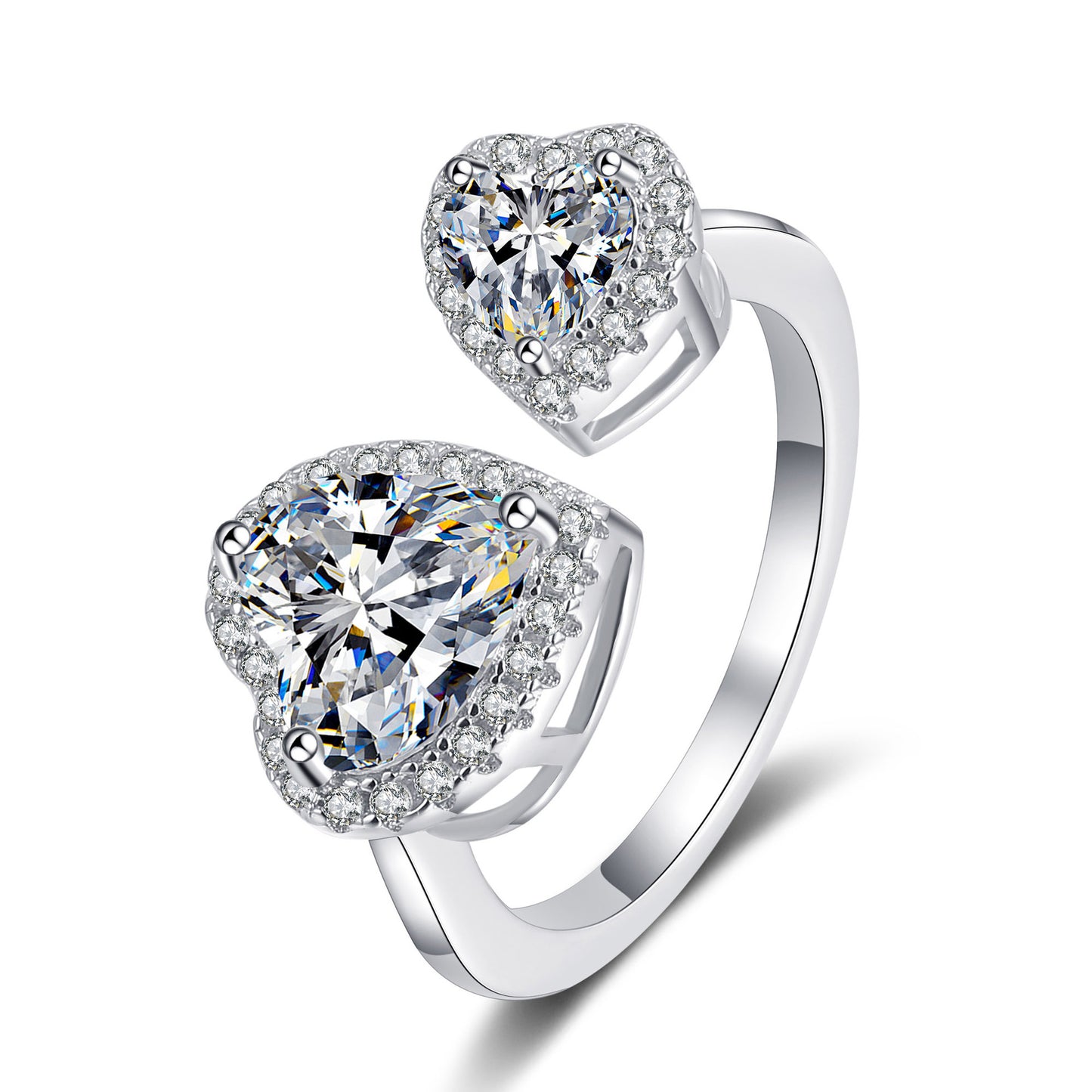 Offener Ring mit doppeltem herzförmigem Halo und 2,5 Karat Moissanit-Diamant, platiniert, S925