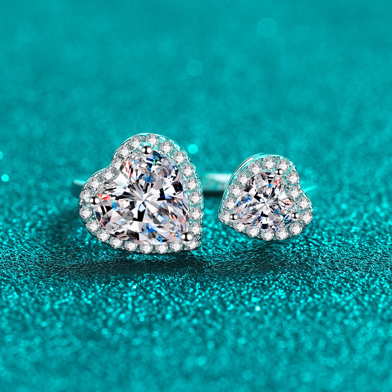 Offener Ring mit doppeltem herzförmigem Halo und 2,5 Karat Moissanit-Diamant, platiniert, S925