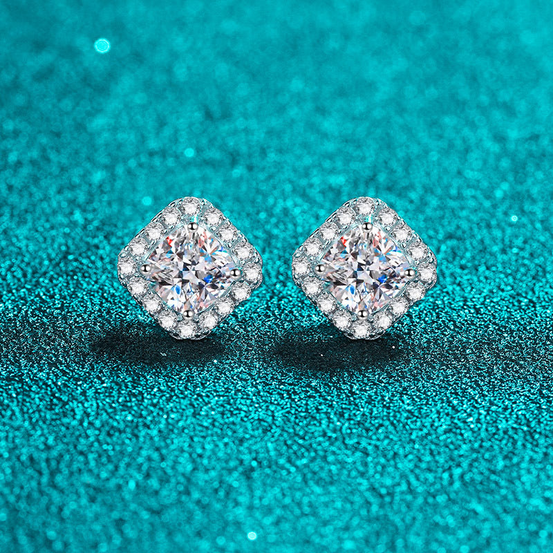 Pendientes de tuerca con diamantes de moissanita S925 con halo de talla cojín de 0,5/1 quilate