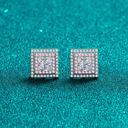 Princess Cut Pink Double Halo 0.6 Carat Moissanite Diamond S925 Stud Earrings