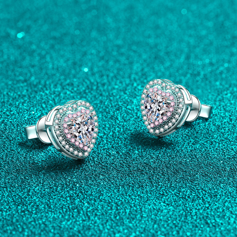 Pendientes de tuerca S925 con diamantes de moissanita de 0,5 quilates con doble halo rosa en forma de corazón