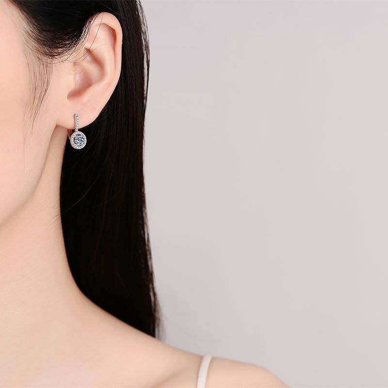Round Cut Halo 0.5 Carat Moissanite Diamond Platinum-Plated S925 Pave Leverback Earrings