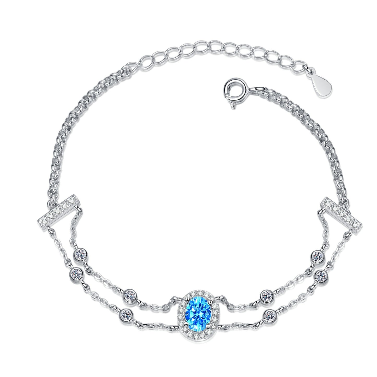 Blue/White Oval Cut Halo 1 Carat Moissanite Platinum Plated S925 Bracelet
