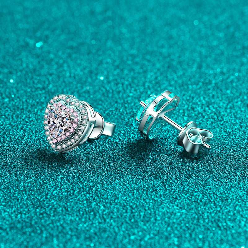 Pendientes de tuerca S925 con diamantes de moissanita de 0,5 quilates con doble halo rosa en forma de corazón