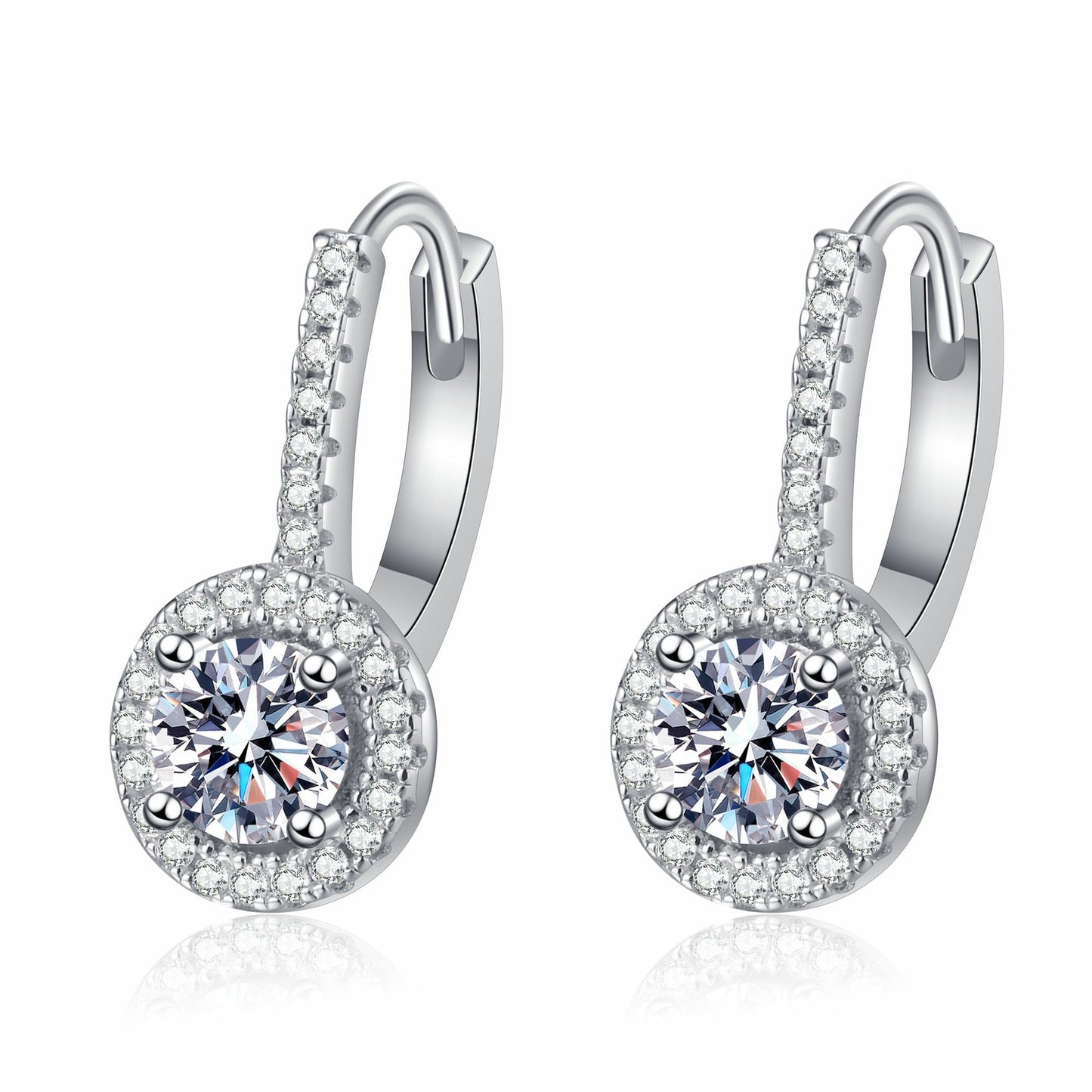 Round Cut Halo 0.5 Carat Moissanite Diamond Platinum-Plated S925 Pave Leverback Earrings
