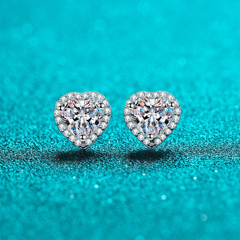 Heart-Shaped Pink Double Halo 0.5 / 1 Carat Moissanite 4-Piece S925 Jewelry Set (Ring, Earrings, Necklace)