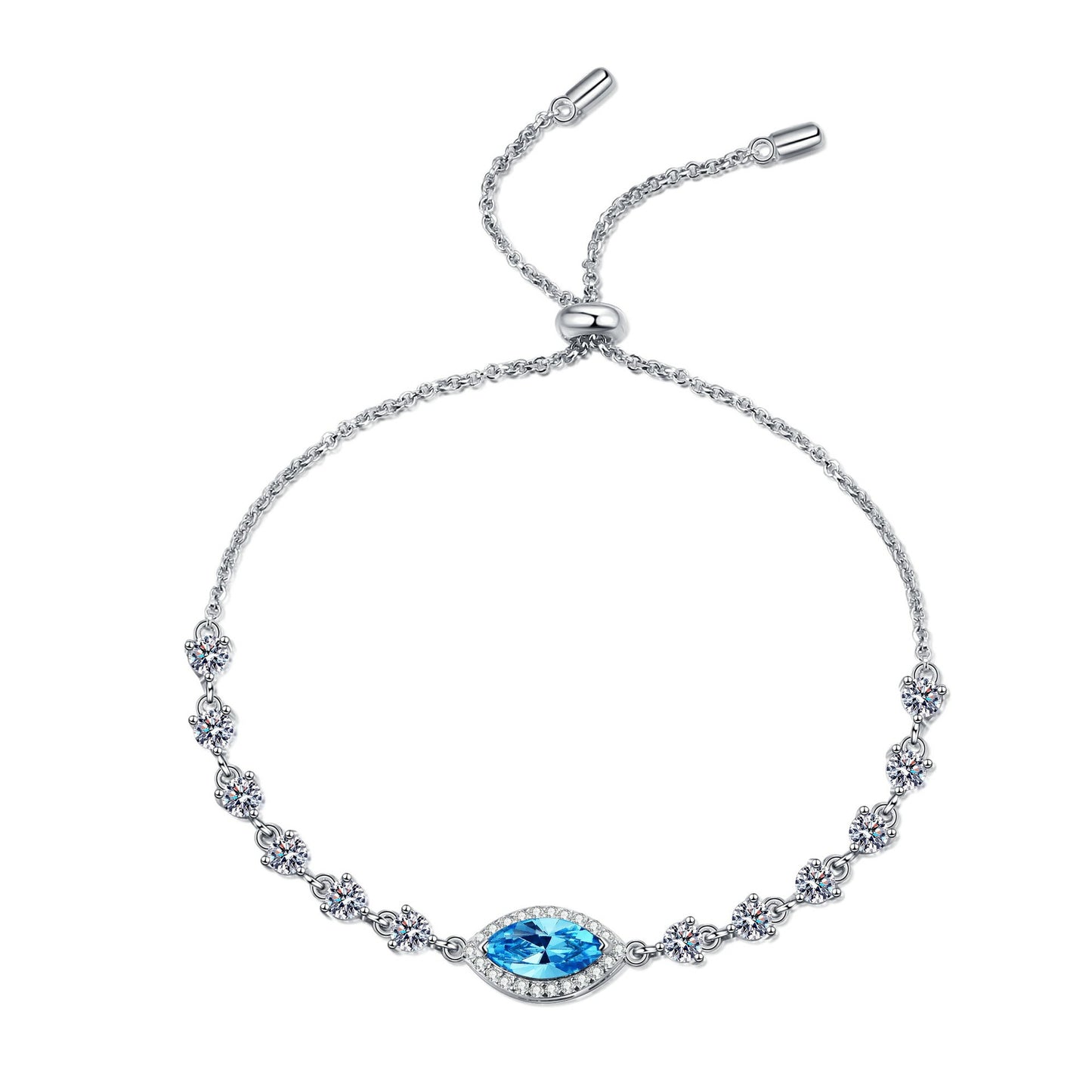 Pulsera S925 chapada en platino de moissanita de 1 quilate con halo de talla marquesa azul/blanco