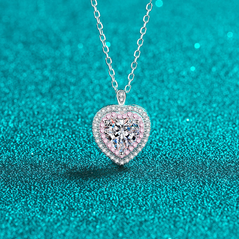 Heart-Shaped Pink Double Halo 1 Carat Moissanite Pendant S925 Necklace