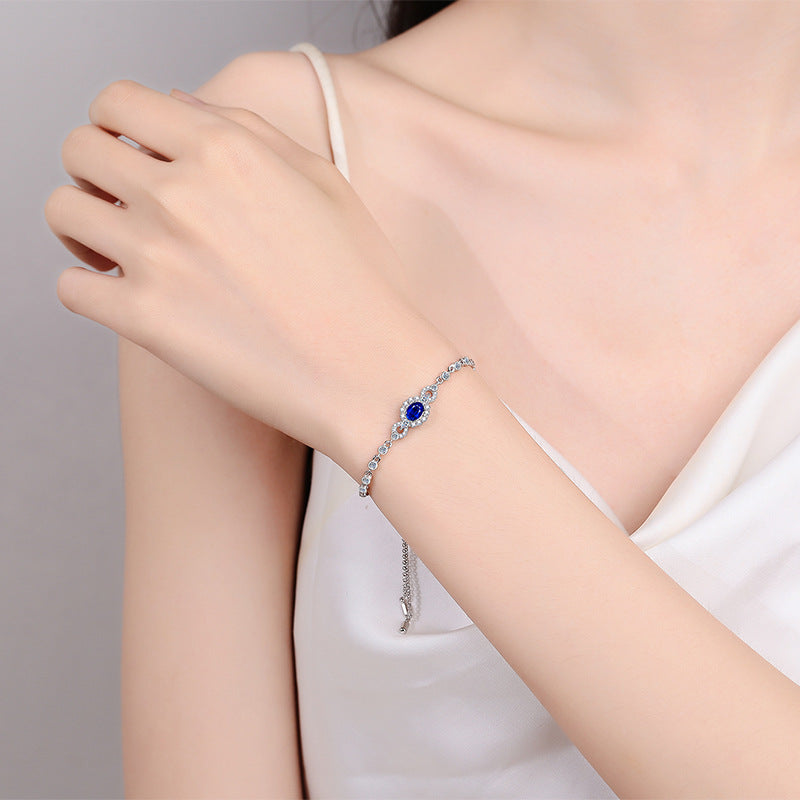 Blue/White Oval Cut Halo 0.5 Carat Moissanite Platinum Plated S925 Bracelet