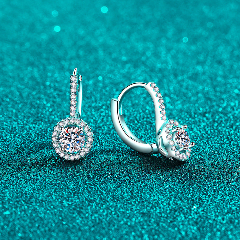 Round Cut Halo 0.5 Carat Moissanite Diamond Platinum-Plated S925 Pave Leverback Earrings
