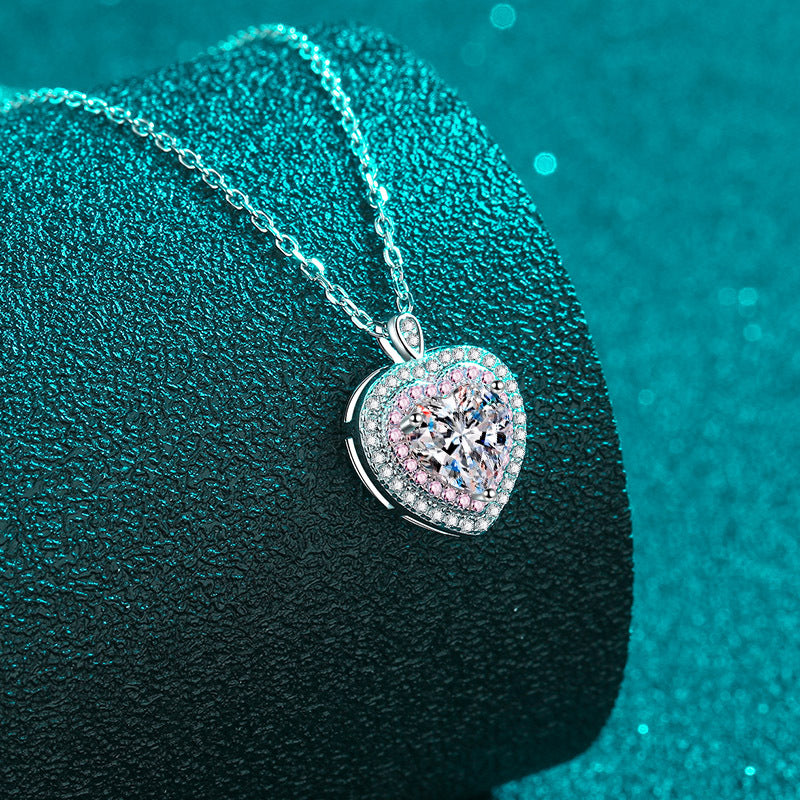 Heart-Shaped Pink Double Halo 1 Carat Moissanite Pendant S925 Necklace