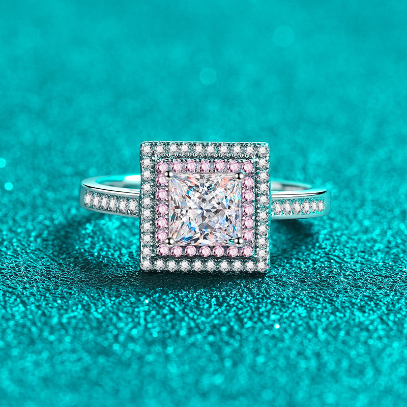 Princess Cut Pave Pink Double Halo 1 Carat Moissanite Diamond S925 Engagement Ring