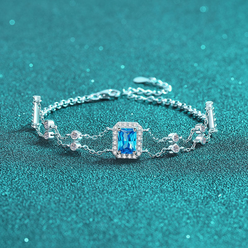 Blue/White Emerald Cut Halo 1 Carat Moissanite Diamond S925 Bracelet