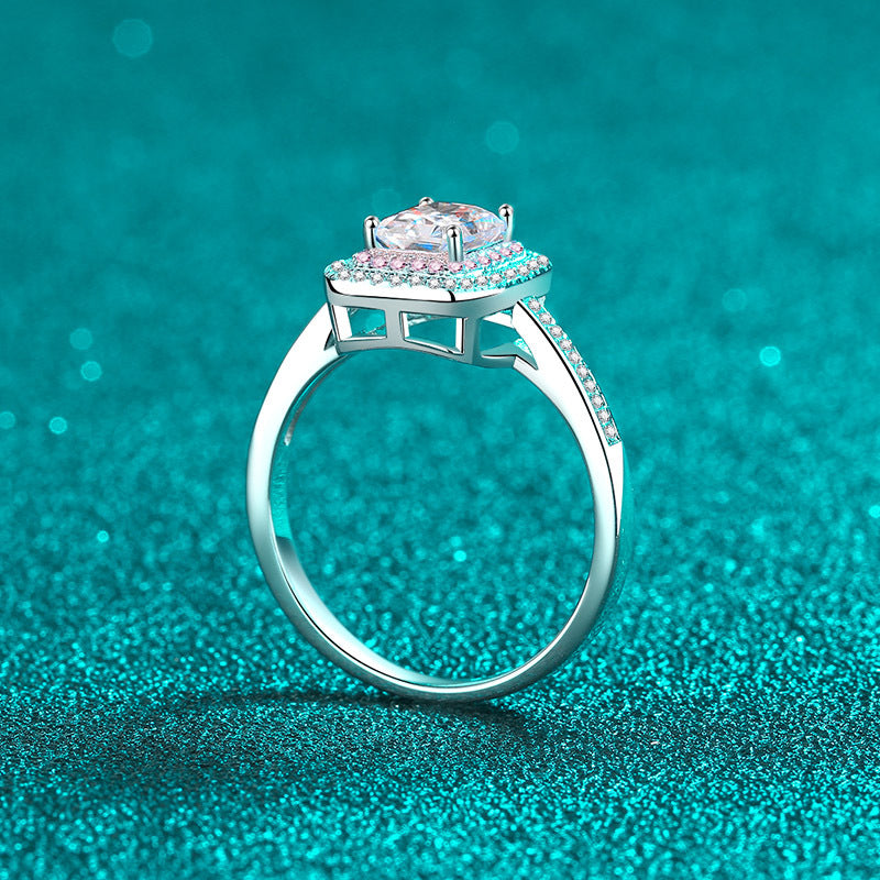 S925-Verlobungsring mit doppeltem Halo und 1 Karat Moissanit-Diamant im Smaragd-/Strahlenschliff in Pavé-Rosa