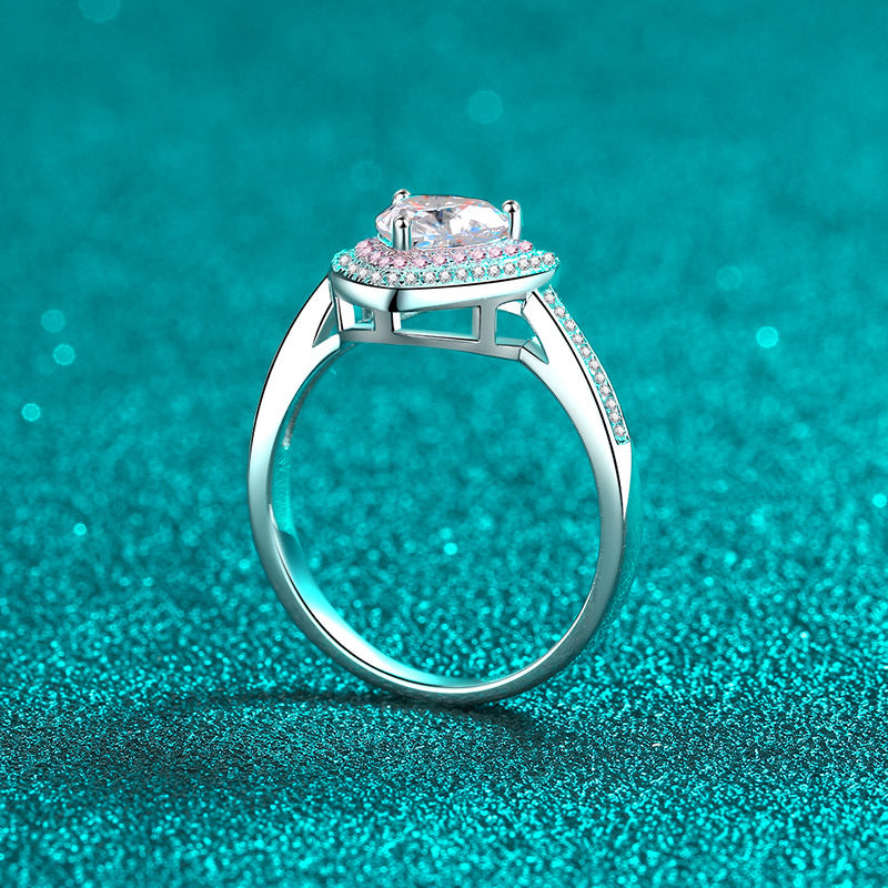 Herzförmiger Verlobungsring mit doppeltem Halo und 1 Karat Moissanit-Diamant aus S925 in Pavé-Fassung in Rosa