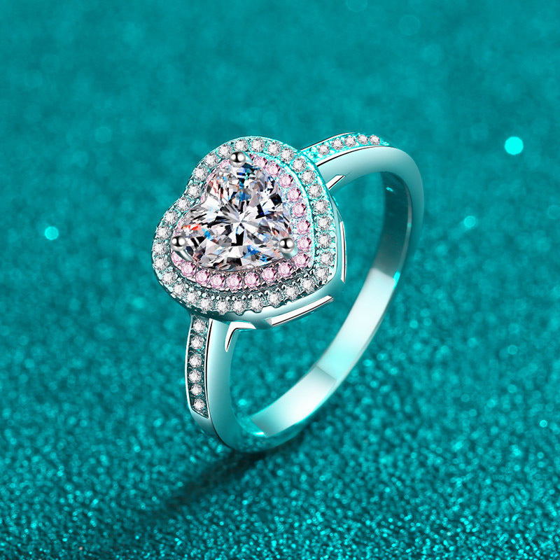 Herzförmiger Verlobungsring mit doppeltem Halo und 1 Karat Moissanit-Diamant aus S925 in Pavé-Fassung in Rosa