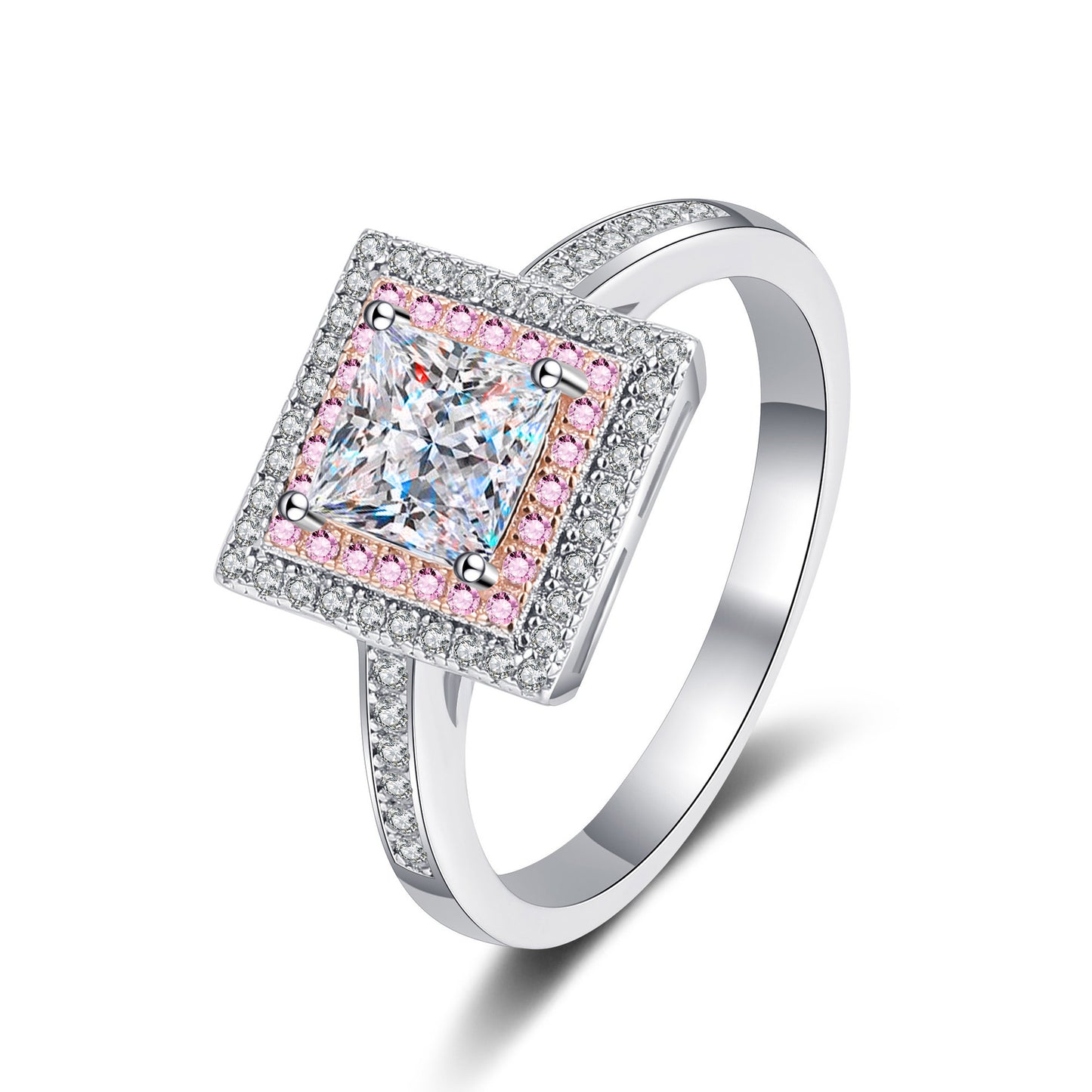 Princess Cut Pave Pink Double Halo 1 Carat Moissanite Diamond S925 Engagement Ring