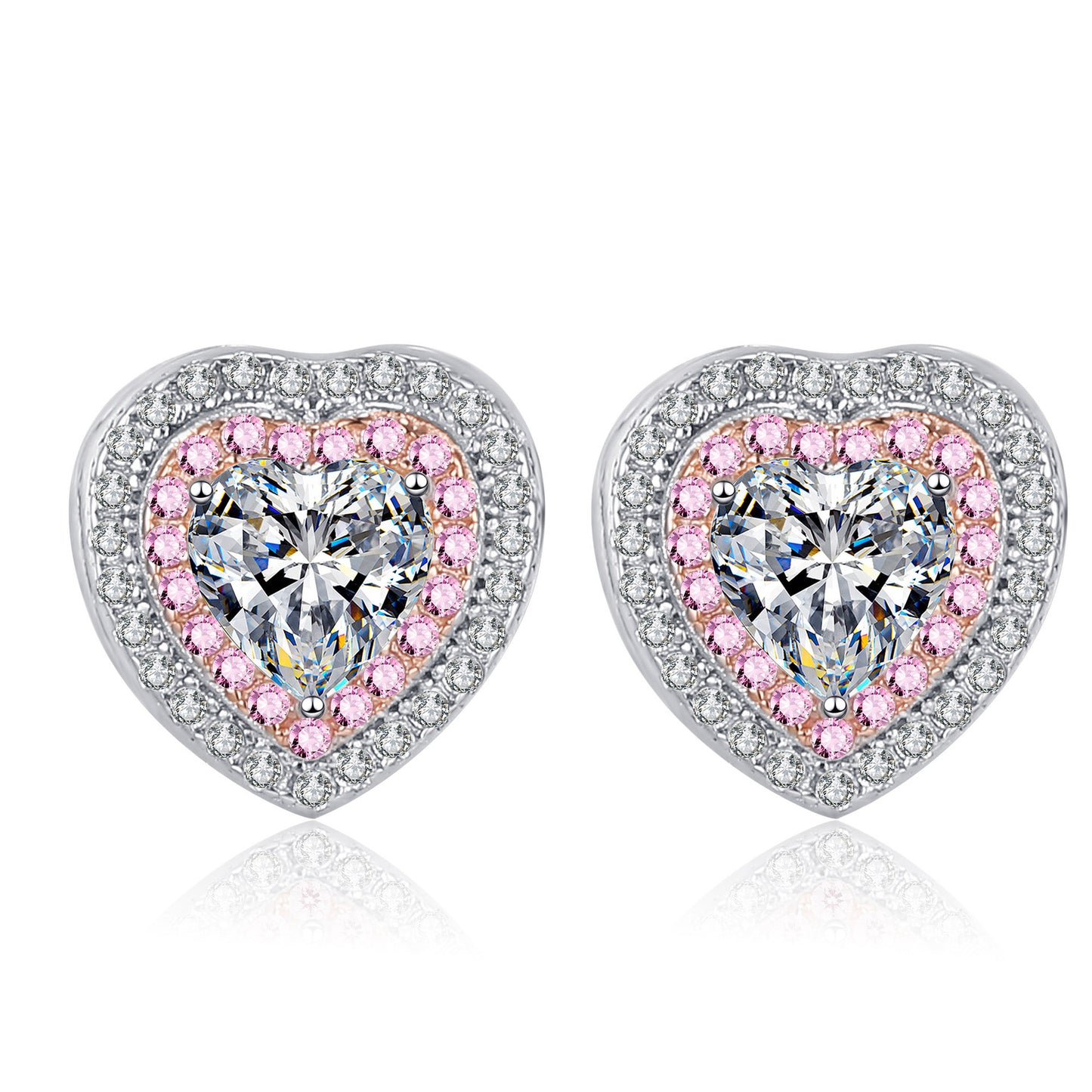 Pendientes de tuerca S925 con diamantes de moissanita de 0,5 quilates con doble halo rosa en forma de corazón