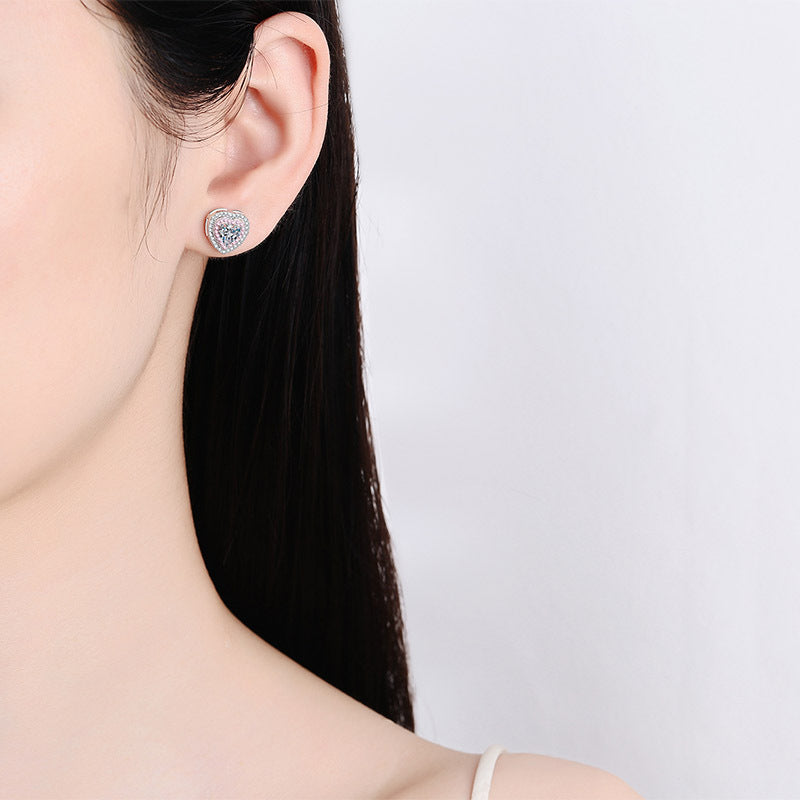 Pendientes de tuerca S925 con diamantes de moissanita de 0,5 quilates con doble halo rosa en forma de corazón