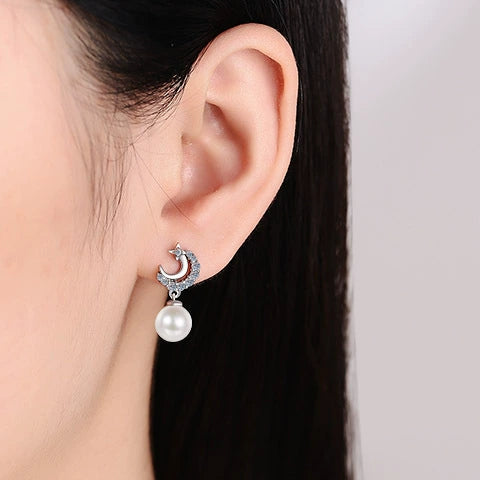 Phoebe Crescent Moon Pearl & Moissanite Drop Earrings — Moisza