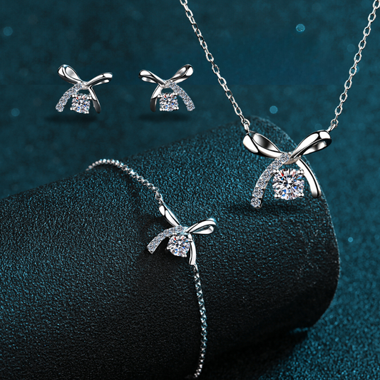 Ribbon Round Cut 4-Prong 0.1 / 0.3 / 0.5 Carat Moissanite 4-Piece S925 Jewelry Set (Earrings, Necklace, Bracelet)