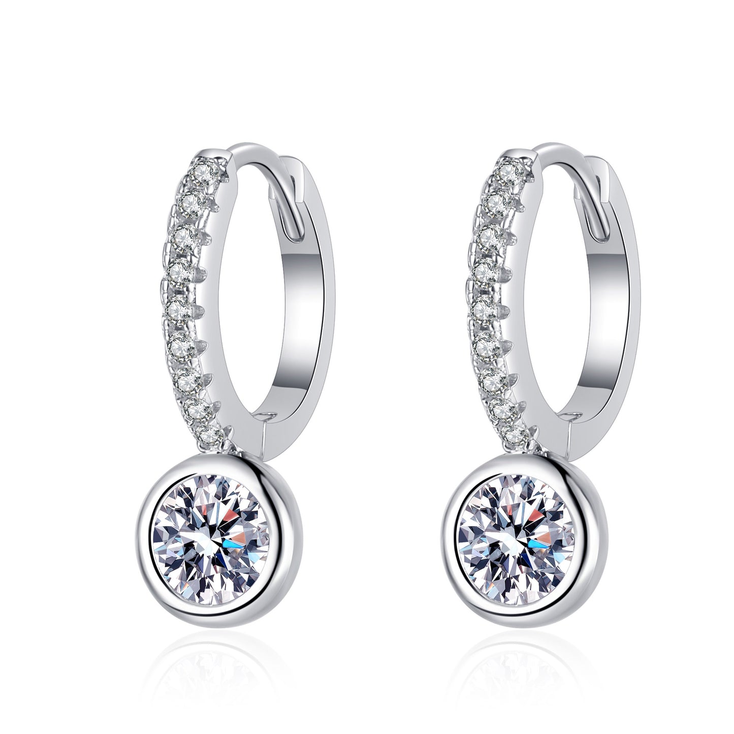 Bezel Set Round Cut 0.5 Carat Moissanite Platinum-Plated S925 Pave Leverback Earrings
