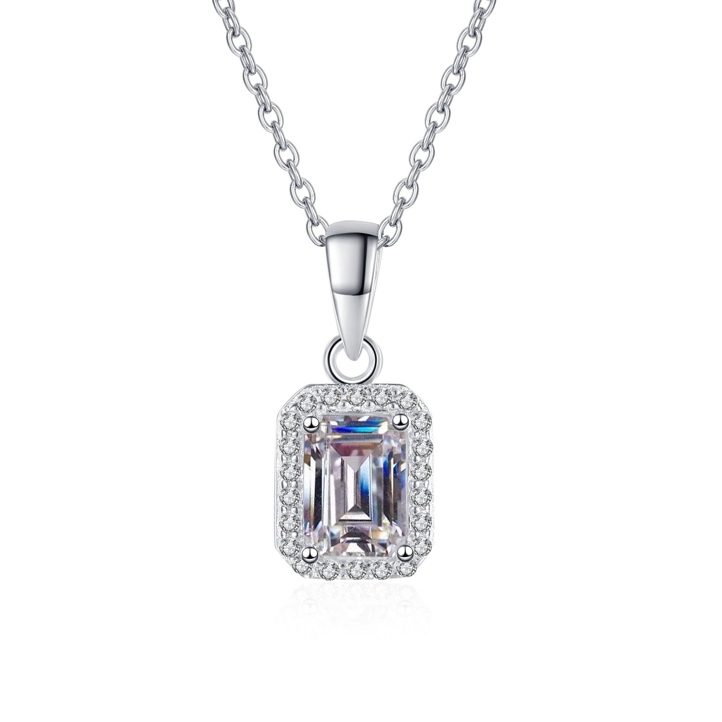 Smaragd-/Strahlend geschnittene Halo-Halskette mit 1 Karat Moissanit-Anhänger und platinierter S925-Halskette