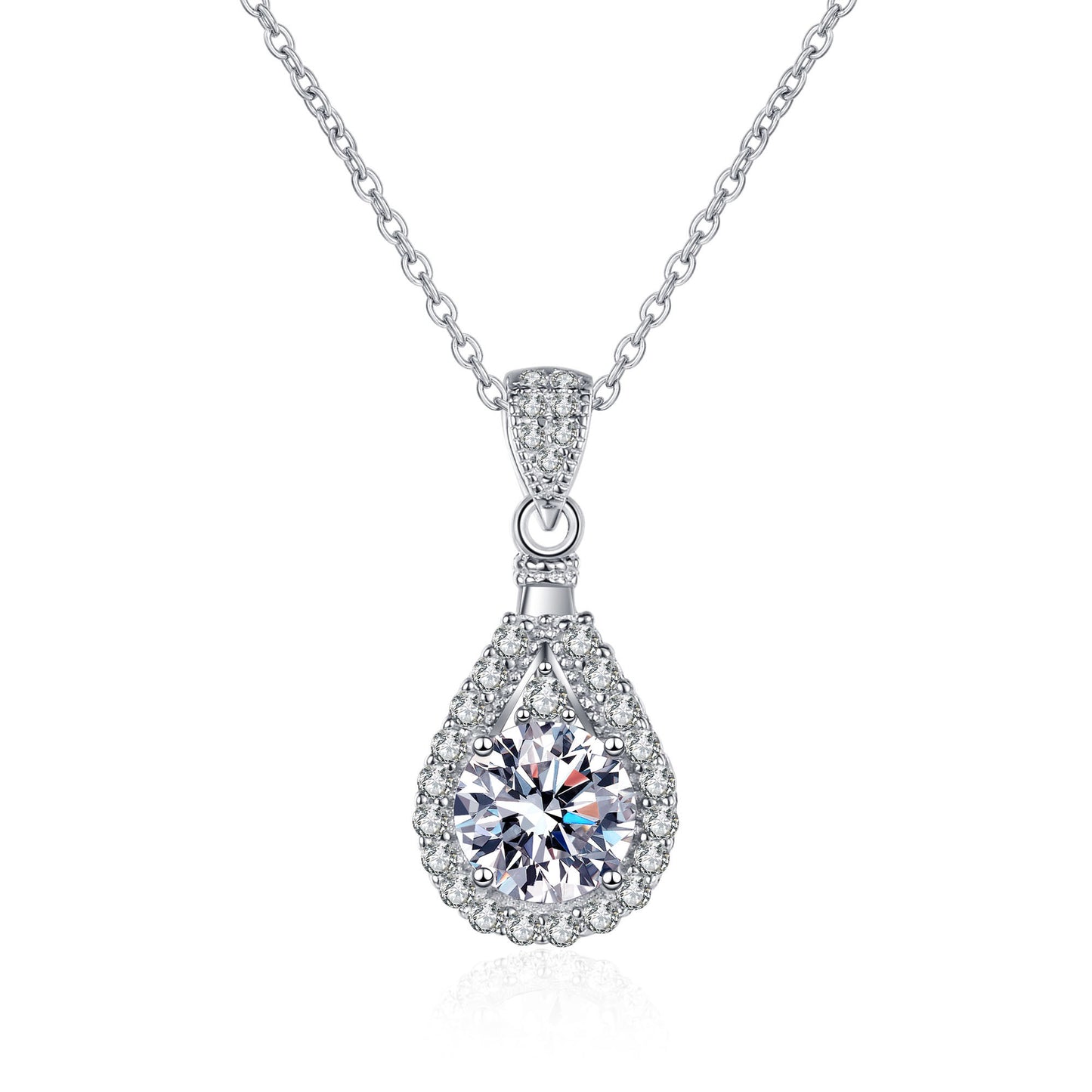 Waterdrop Round Cut Halo 1 - 5 Carat Moissanite Platinum Plated S925 Necklace