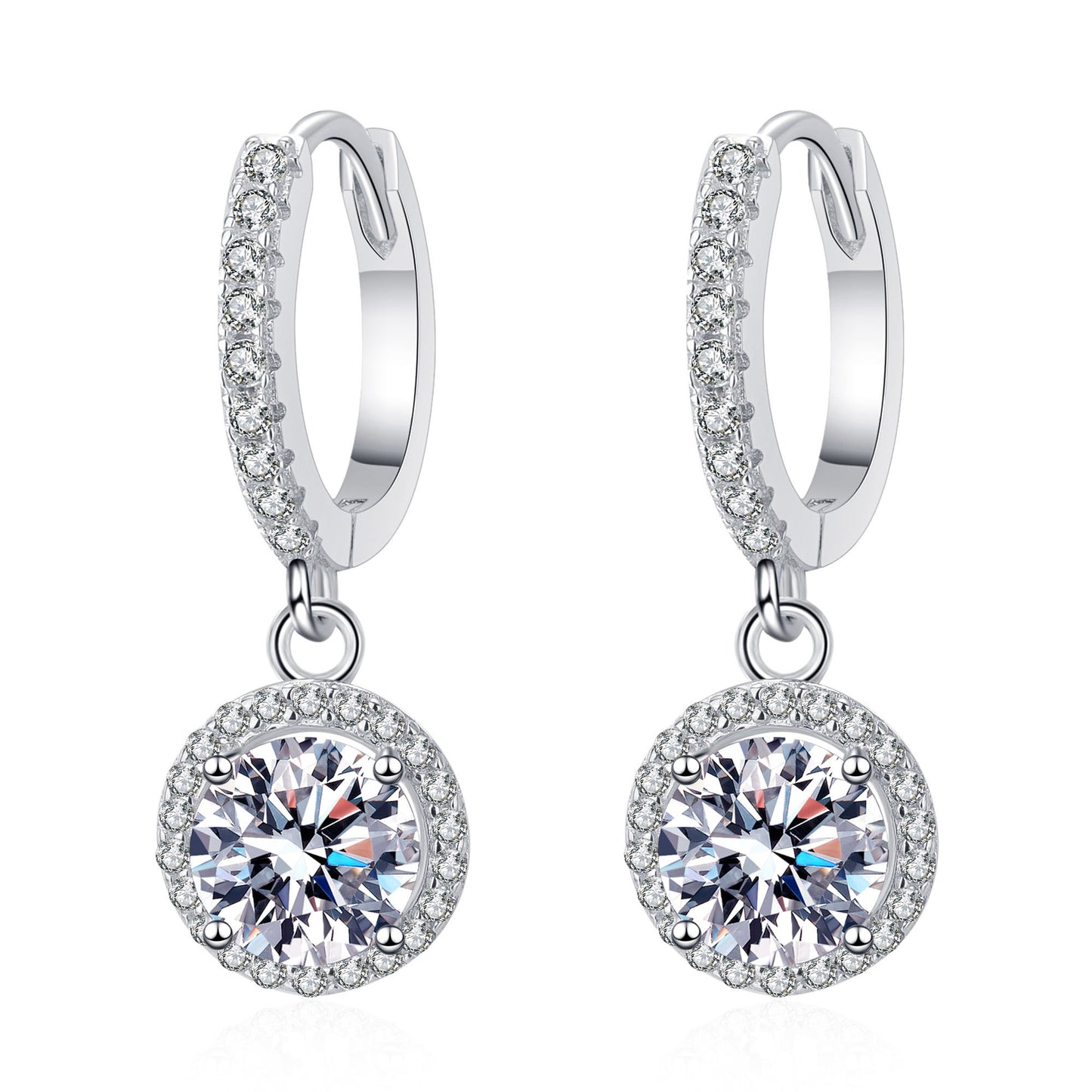 Pendientes colgantes con cierre de palanca S925 chapados en platino y diamantes de moissanita de 1 quilate con halo de talla redonda
