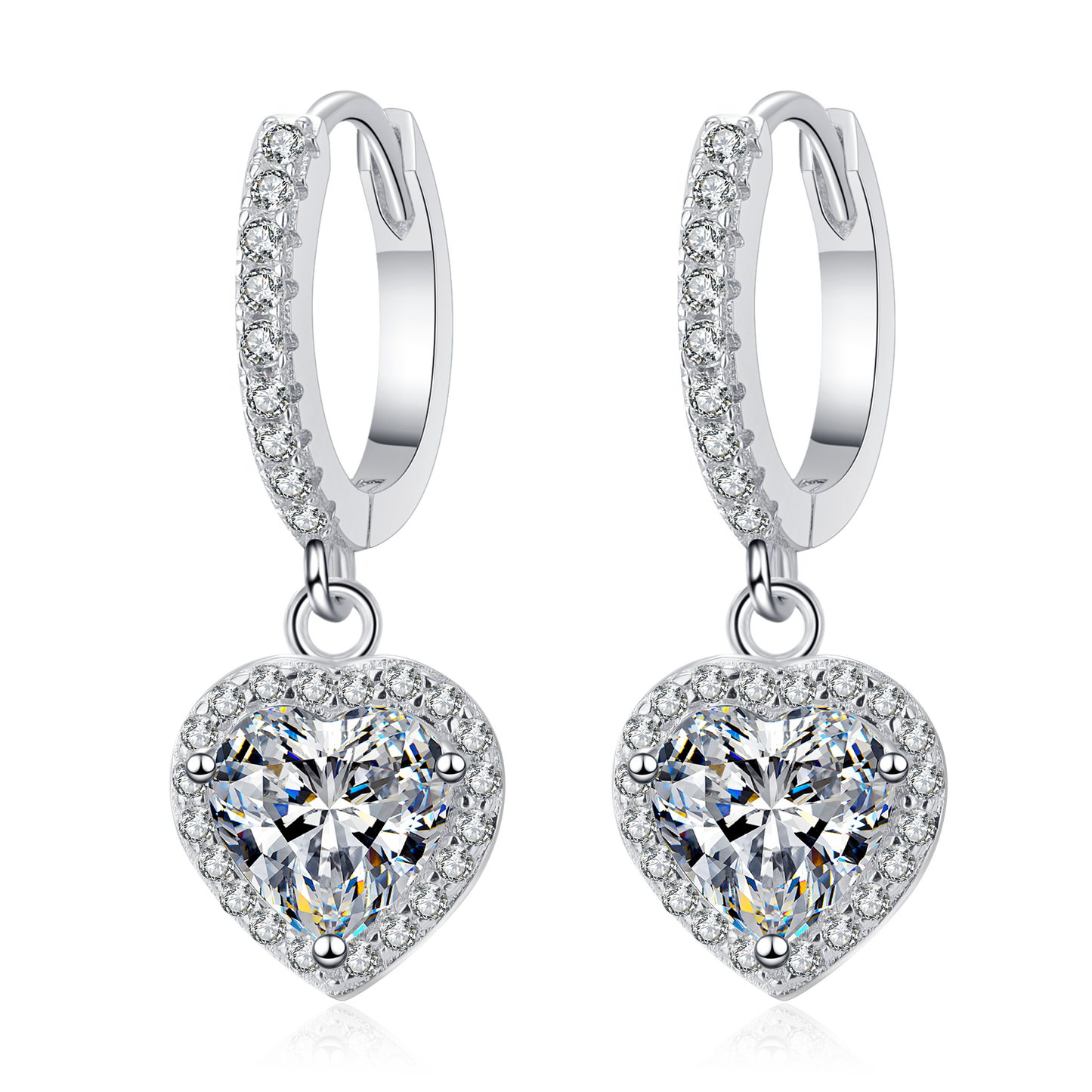 Pendientes colgantes con cierre tipo palanca y halo en forma de corazón de 1 quilate con diamantes de moissanita chapados en platino S925