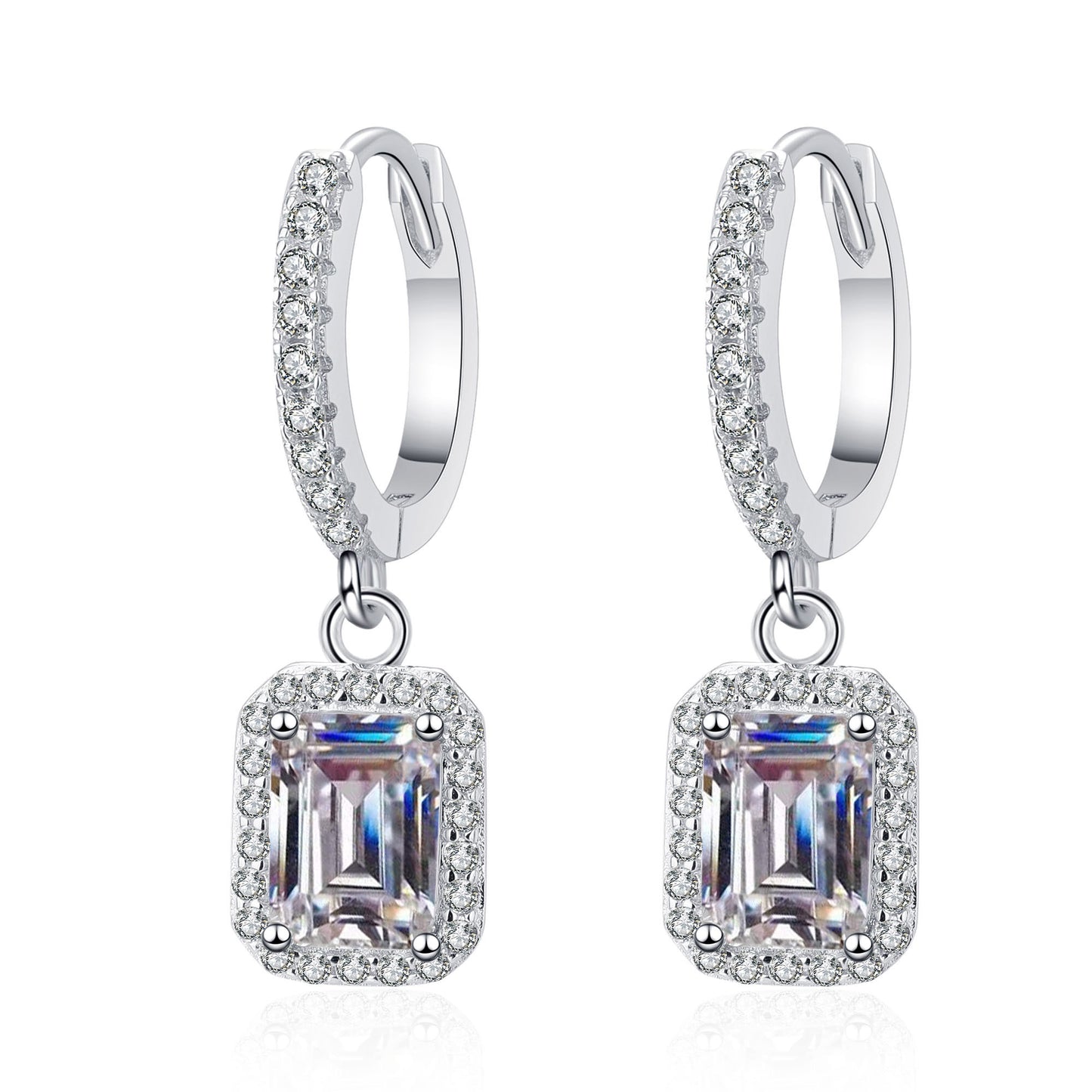 Pendientes colgantes con cierre tipo palanca y pavé S925 chapados en platino con diamantes de moissanita de 1/2 quilate con halo de talla esmeralda/radiante